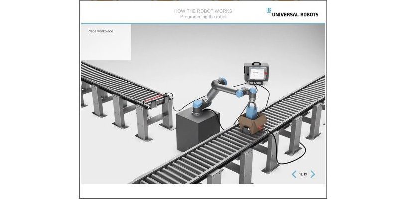 Die Module der UR Academy führen jeden Teilnehmer durch grundlegende Aufgaben, so zum Beispiel wie man einen UR-Roboterarm dafür programmiert, Teile in eine Box auf einem Fließband zu packen.