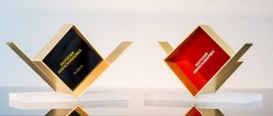 Die verliehene Trophäe wurde dem Logo des Wettbewerbs nachgebildet, das einen Würfel darstellt, der von einer V-förmigen (Verpackungs-) Hülle umgeben ist.