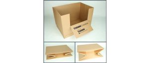 Die Thimm Crossbox: Zu sehen ist die aufgerichtete Verpackung sowie der Boden mit der innovativen X-Faltung im gefalteten und halb gefalteten Zustand. (Bild: THIMM)