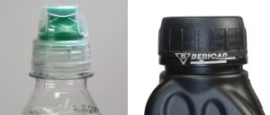 Crystal: neuer zweiteiliger Sportverschluss von Bericap (links); Laserdruck auf unebener Fläche für die Originalitätsgarantie (rechts). (Bilder: Bericap)