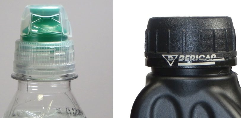 Crystal: neuer zweiteiliger Sportverschluss von Bericap (links); Laserdruck auf unebener Fläche für die Originalitätsgarantie (rechts). (Bilder: Bericap)