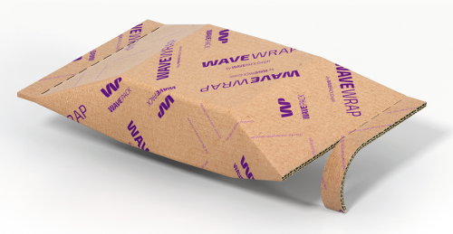 So sieht eine fertige „WaveWrap“-Verpackung aus. Eine Perforationsöffnung ermöglicht den Zugriff aufs Produkt.