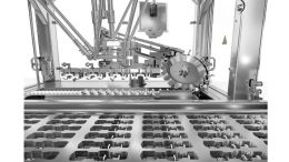 Ein Roboter legt bis zu 300 vorgefüllte Spritzen in die geformten Kavitäten ein. Bild: Multivac