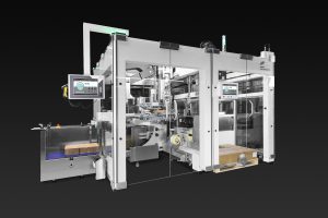 Side-load-Casepacker-Palettiererkombination mit OEE-Panels.