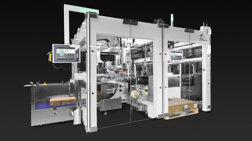 Side-load-Casepacker-Palettiererkombination mit OEE-Panels.