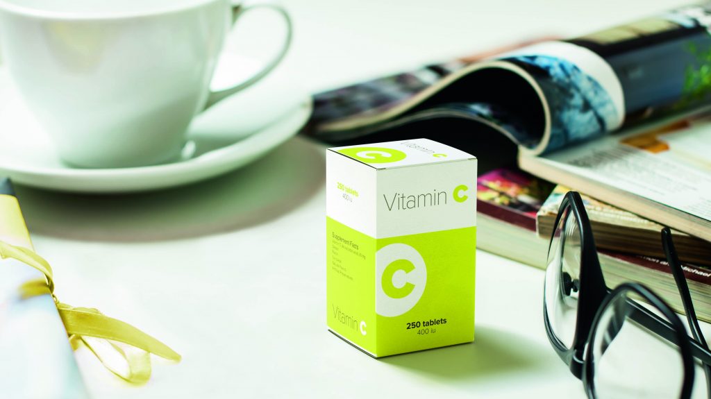 Vitaminbox: Karton als Träger von Markeninformation.