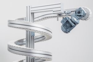 Der kompakte Spiralförderer von FlexLink benötigt nur wenig Grundfläche. (Bild: FlexLink)