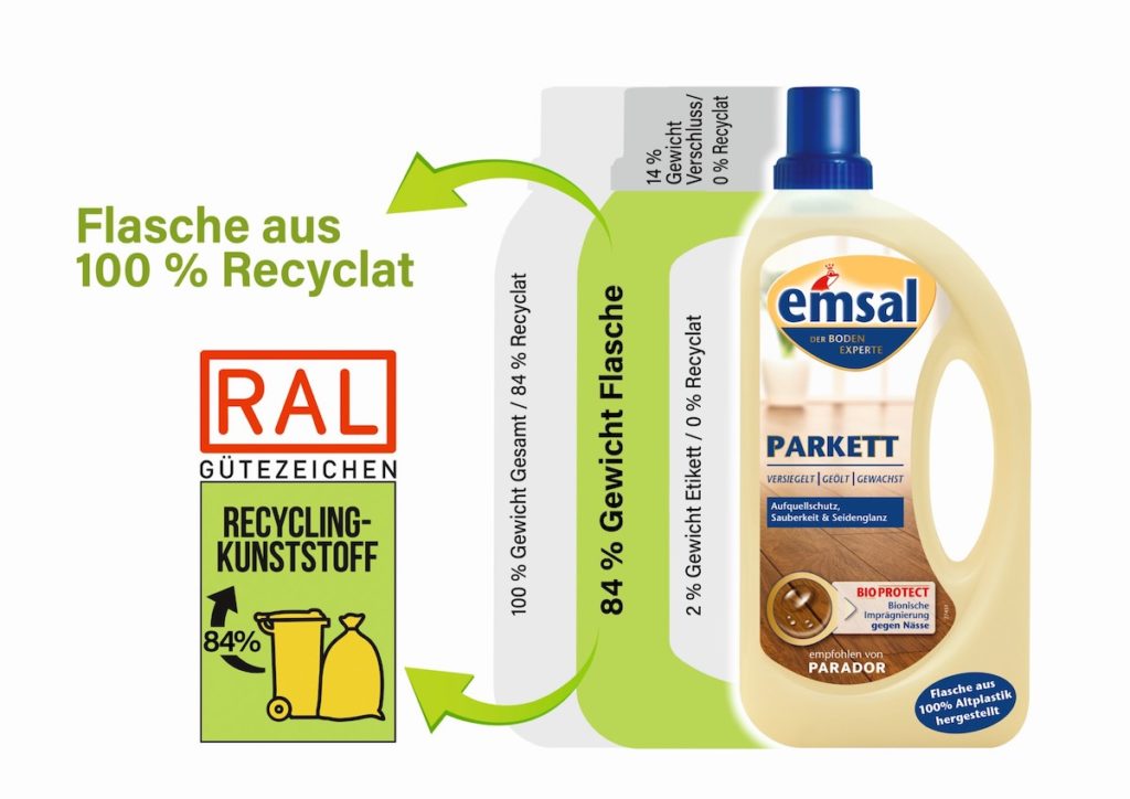 Das RAL Gütezeichen gibt den Anteil von Recyclat aus der Quelle Gelber Sack an der gesamten Verpackung an, inklusive Etikett und Verschluss. (Bild: Werner & Mertz)