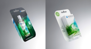 cyclePac-Einstoffverpackung aus Zellstoff mit Standfuß z. B. für Fläschchen, Flacons und Tiegel (Front- und Hinterseite). (Bild: KOCH Pac Systeme GmbH)