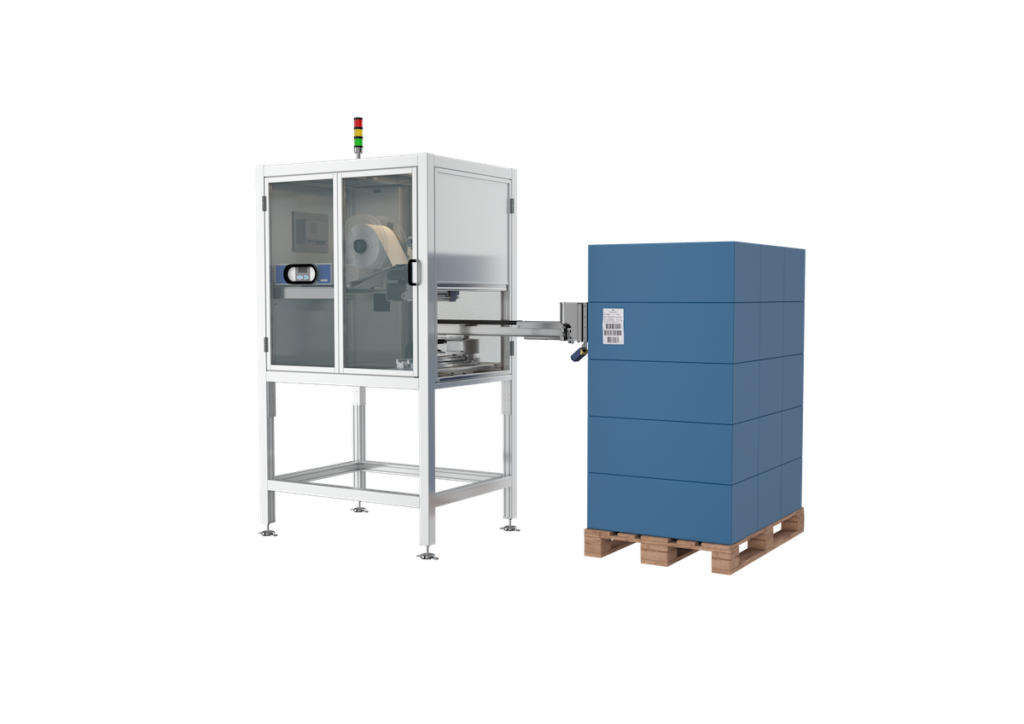 Palettenetikettierer mit Palette (Bild: Domino)