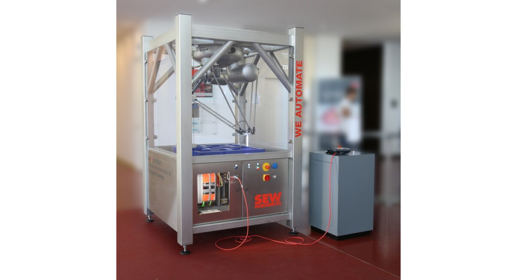 Der Roboter als Montagebausatz für den Hygienebereich: Hierfür bietet SEW-Eurodrive mit dem MAXOLUTION®-Parallelarm-Kinematik-Kit die passende Antriebs- und Steuerungslösung an. (Bild: SEW-Eurodrive)