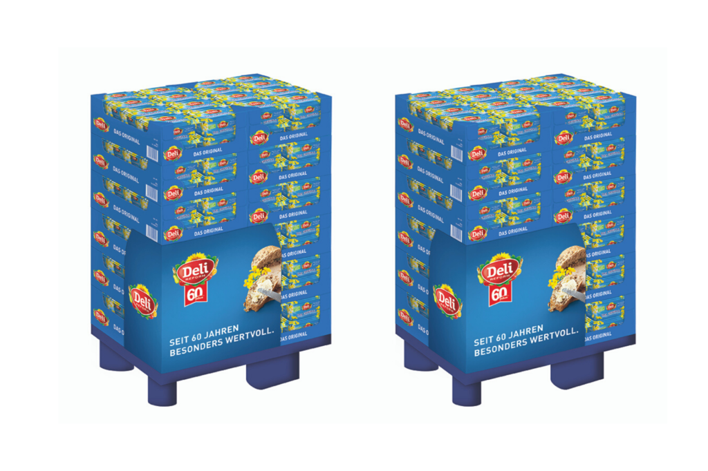 Displayecken lassen sich leicht an einer Chep-Palette arretieren und bieten Platz für eine wirkungsvolle Werbefläche. (Bild: Thimm)