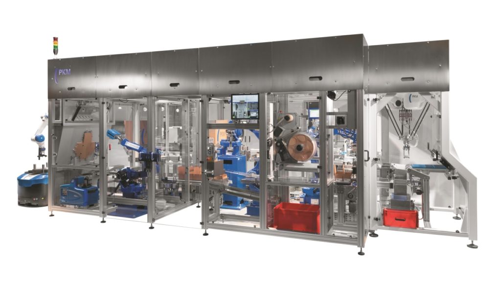 In der kompakten Verpackungszelle arbeiten insgesamt fünf hoch dynamische Yaskawa-Roboter. (Bild: PKM Packaging)