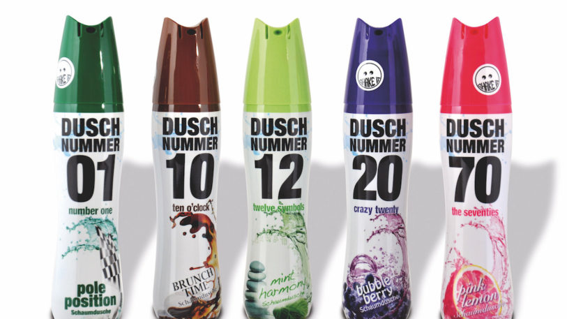 Duschnummer – Die Schaumdusche, verpackt in Aerosoldosen aus PET, lässt sich gut recyceln, ist robust und komfortabel in der Handhabung. Umhüllt mit bedruckter Schrumpffolie aus PET. (Bild: Illert GmbH & Co. KG)