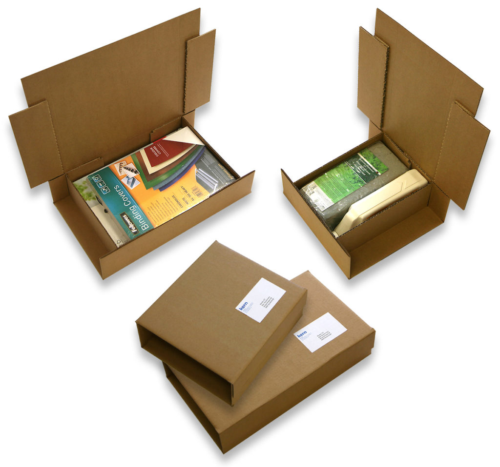 Das Multiformat-Verpackungssystem operiert mit nachhaltigem Recyclingkarton (Wellpappe) und macht zusätzliche Füllmaterialien überflüssig. (Bild: Kern AG)
