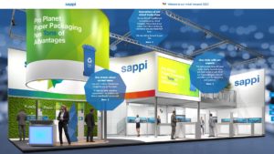 Das Bild zeigt den virtuellen Messestand von Sappi mit verschiedenen Interaktionsmöglichkeiten.