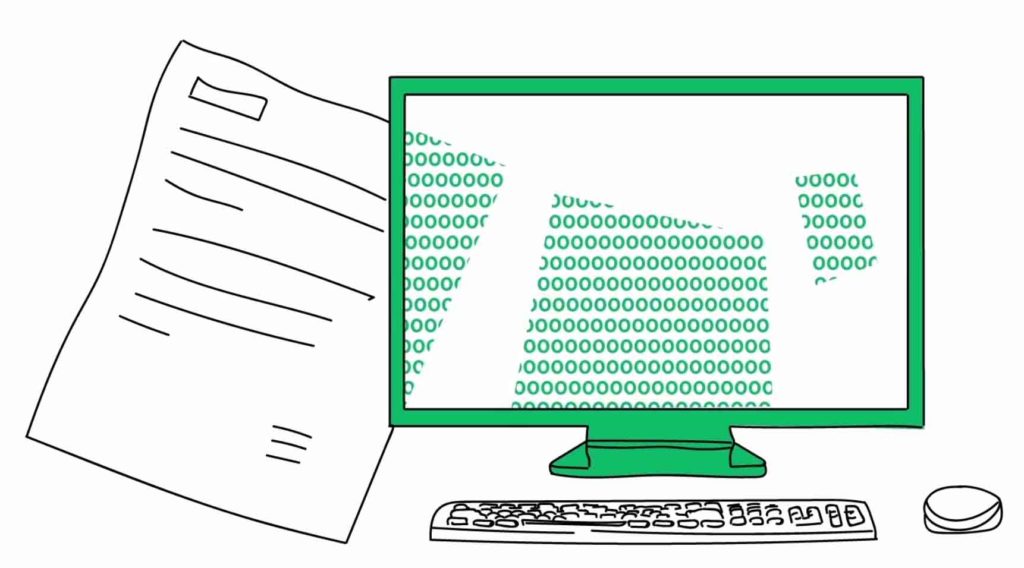 Die Illustration zeigt einen grün umrandeten Bildschirm mit Tastur und Maus sowie einer Formularvorlage.