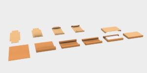 Schematische Darstellung des Faltvorgangs von Kartonzuschnitt mit integriertem Produktschutz