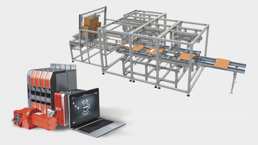 Bildmontage aus einem Automatisierungsbaukasten mit der Anlagenzeichung eines Kartonfalters