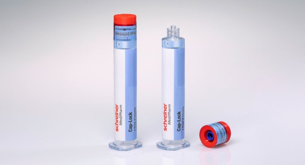 Zwei Pharmaröhrchen mit smartem RFID Label Cap-Lock von Schreiner Medipharm