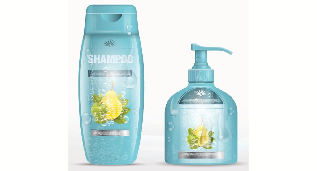 Shampooflasche und Seifenspender mit transparenten Etiketten mit Haftkleber von Herma