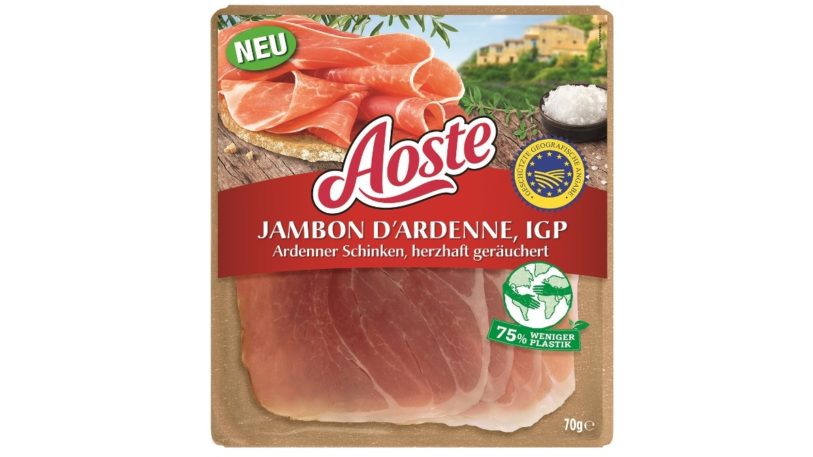 Neues Aoste-Produkt in nachhaltiger Verpackung: der „Aoste Jambon D’Ardenne“.