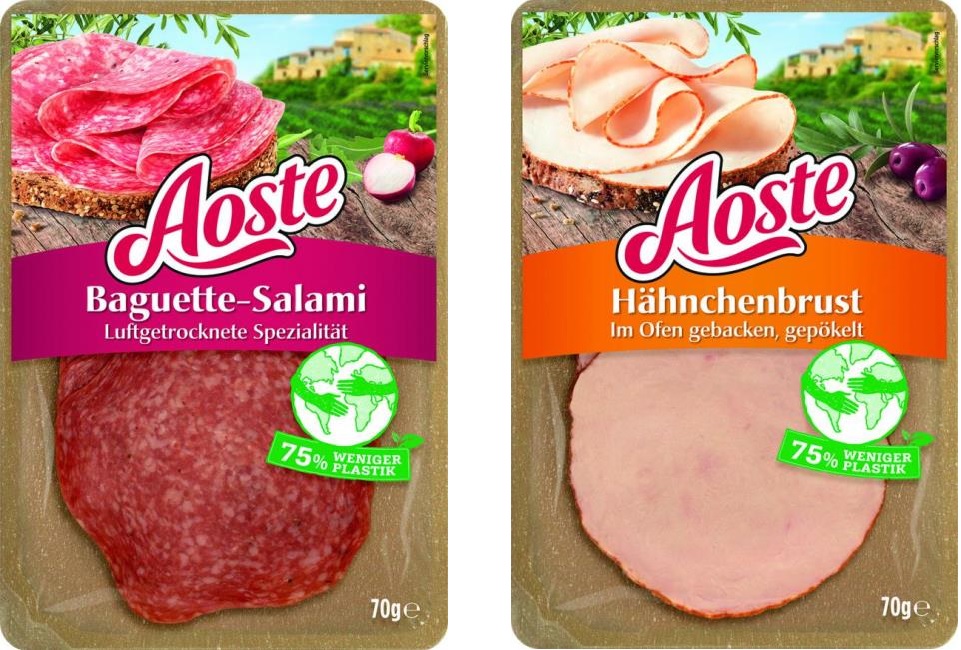 Das „Aoste Baguette-Salami“ und die „Aoste Hähnchenbrust“ gibt es jetzt in neuer, nachhaltigerer Verpackung.