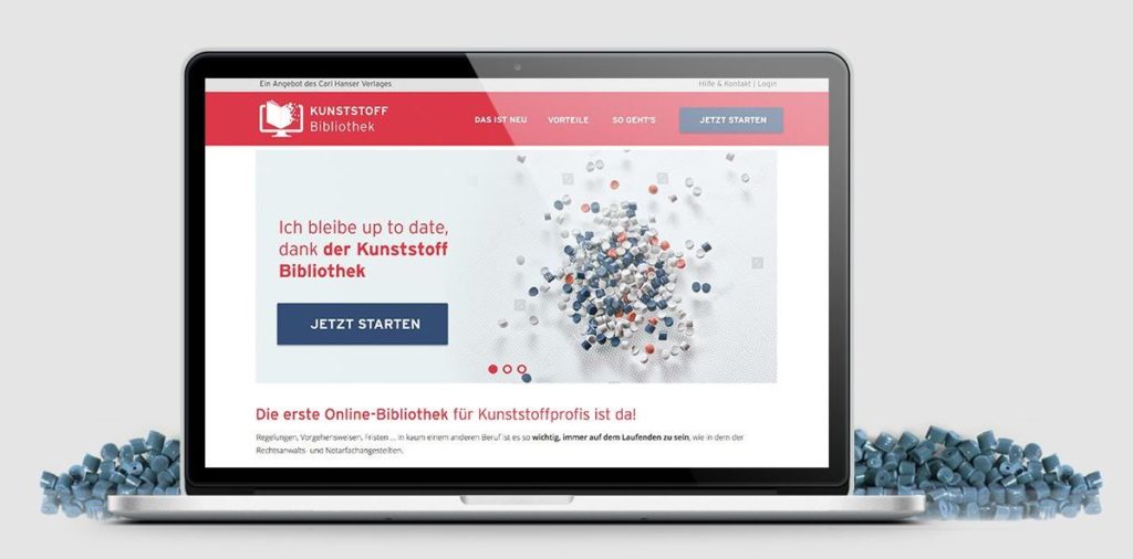 Laptop Bildschirm zeigt Startseite der Kunststoff-Bibliothek