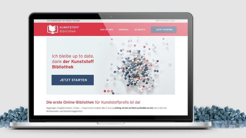 Laptop Bildschirm zeigt Startseite der Kunststoff-Bibliothek