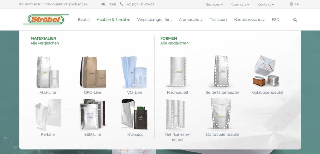 Website mit neuem Verpackungs-Tool zur Auswahl verschiedener Verpackungslösungen