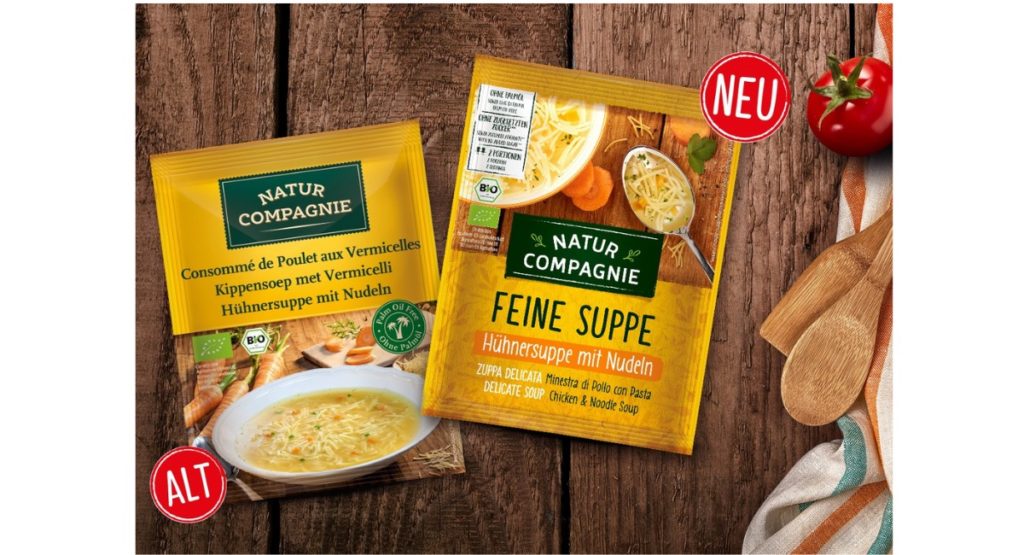 Zwei Tütensuppen mit altem und neuem Verpackungsdesign