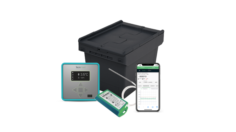 Schwarze Transportbox mit Thermometeranzeige und Datenanzeige auf Mobilgeraeten für temperatursensible Medikamente