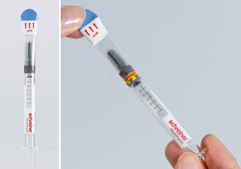 Das Syringe-Closure-Wrap Label für Fertigspritzen zeigt irreversibel jede Erstöffnung an.