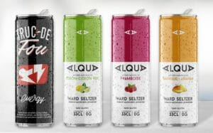In der schlanken 33cl-Getränkedose erhältlich: der Energydrink Truc de Fou sowie alle drei Geschmacksrichtungen der Hard-Seltzer-Marke Alqua