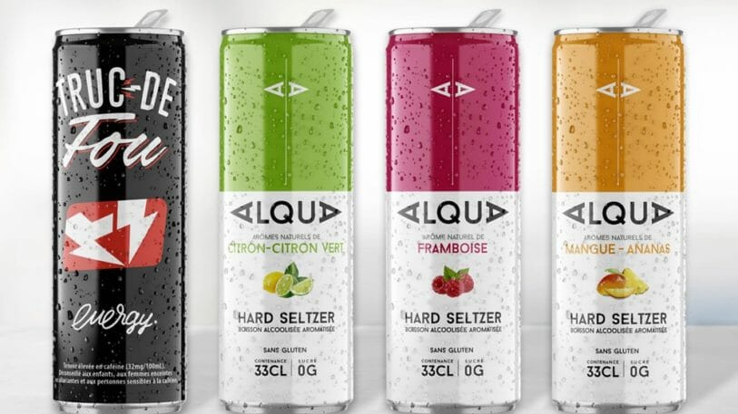 In der schlanken 33cl-Getränkedose erhältlich: der Energydrink Truc de Fou sowie alle drei Geschmacksrichtungen der Hard-Seltzer-Marke Alqua