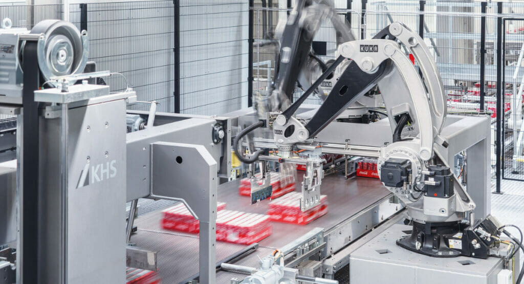 A KHS machine prepares Coca-Cola cans on the canning line for palletising.