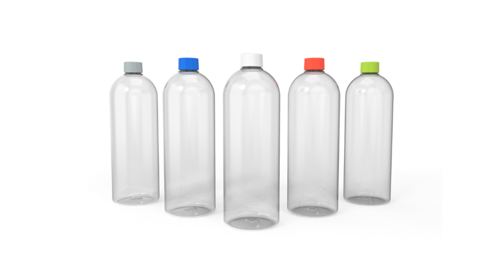Fünf Ein-Liter-PET-Flaschen von Berry M&H