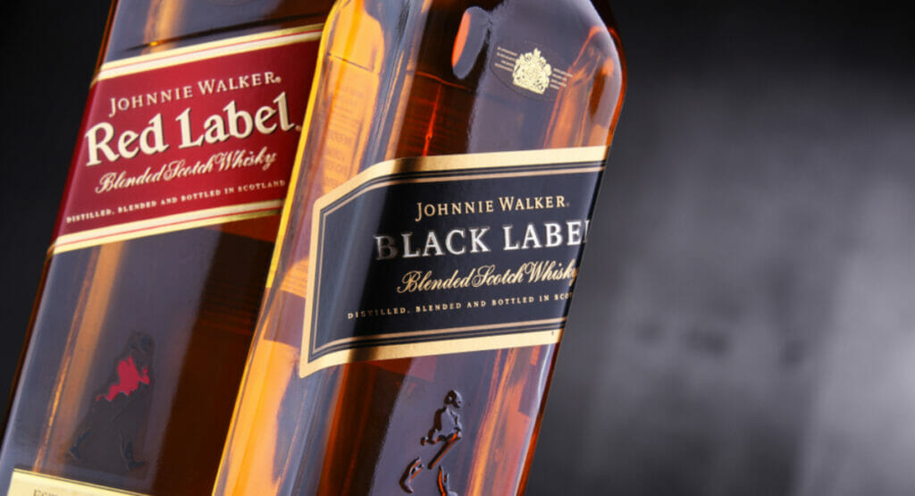 Close-up of two Johnnie Walker glass bottles