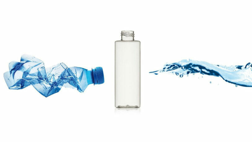 Eine Montage aus einer zerquetschten PET-Flasche, einer neuen rPET-Flasche und einem Wasserstrahl