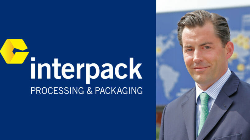 Das Logo der Interpack 2023 in Montage mit dem neuen Präsidenten Markus Rustler