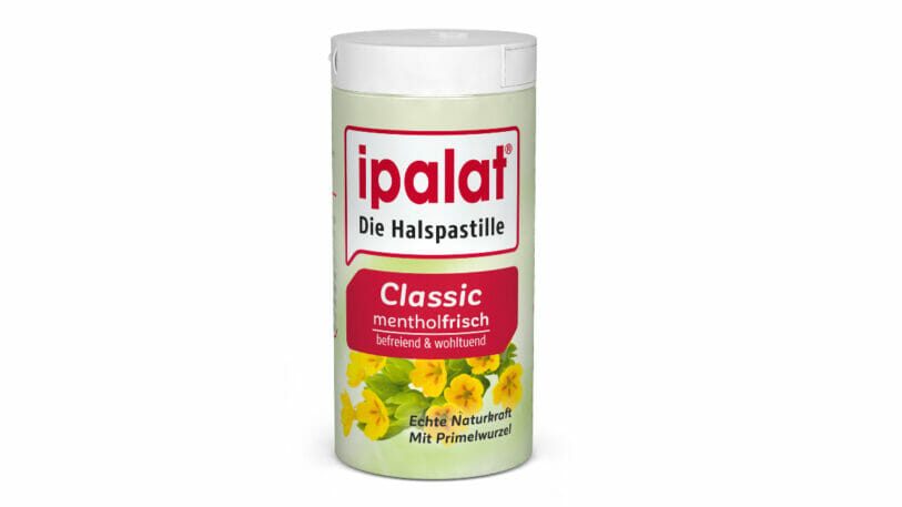 Die neue Ipalat-Verpackung überzeugt mit einhändig bedienbarem Klappdeckel und einem Verschluss, der eine verbesserte Dosierung der Pastillen ermöglicht.