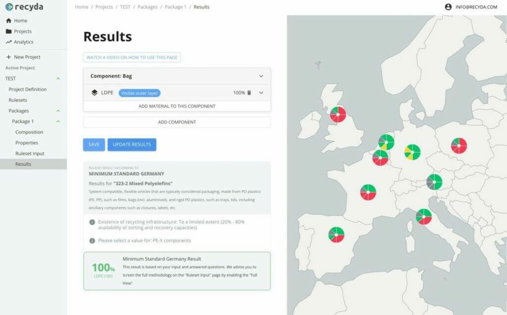 Blick in das von Fraunhofer Umsicht geprüfte webbasierte Bewertungstool für Verpackungen von Recyda.