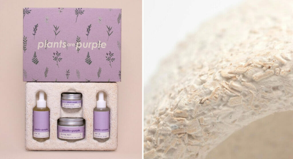 Das Material ist individuell formbar und bringt Ordnung in die Bundle-Verpackung (links). Im Detail rechts: Das Myzel füllt den Platz zwischen den einzelnen Hanfschäben aus und bindet so das Material.