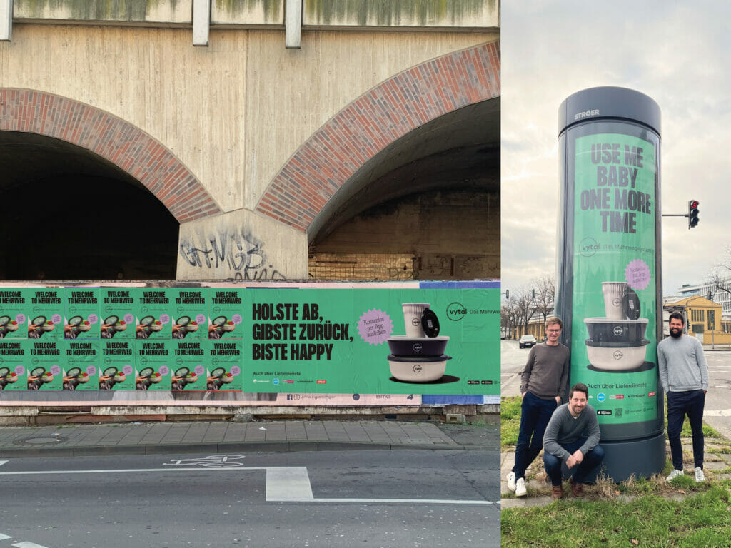 Mit einer Plakat Kampagne macht das Kölner Unternehmen Vytal Gastronomen und Verbraucher auf ihr Mehrwegsystem aufmerksam.