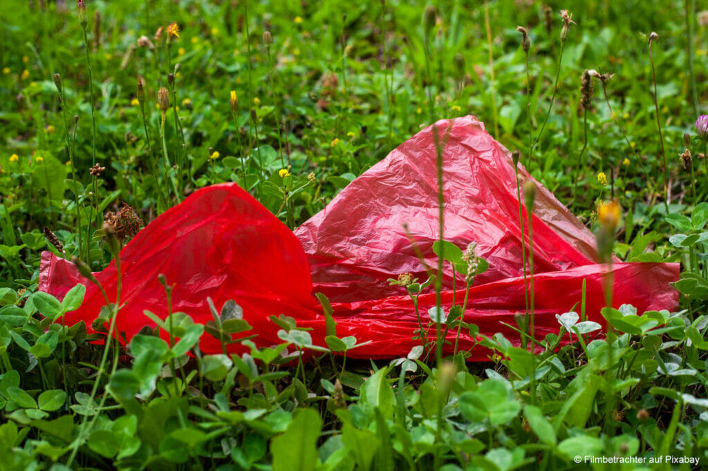 Auf einer grünen Wiese liegt eine rote Plastiktüte für Obst und Gemüse.
