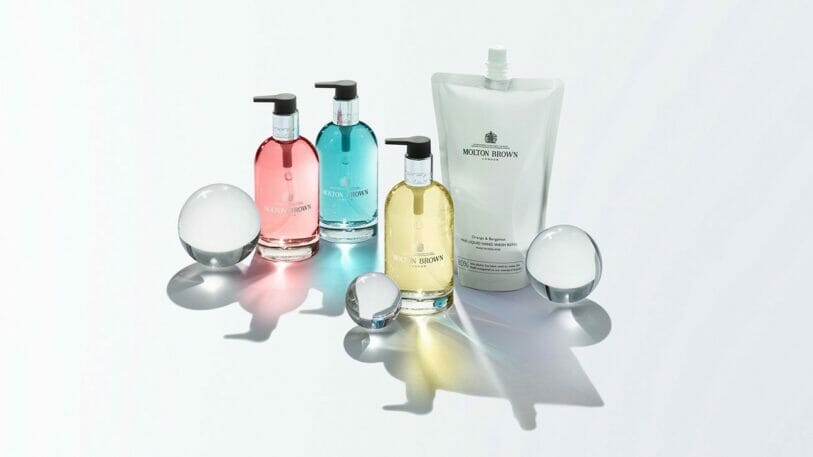 The refill programme of the Molton Brown brand includes refill packs for hand soap as well as refillable glass bottles.