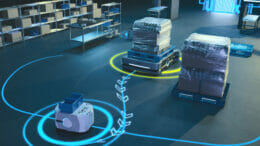 Verschiedene mobile Roboter transportieren Güter.