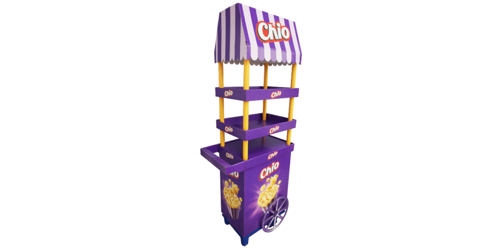Image of a Chio brand display. The display looks like a traditional popcorn trolley.
