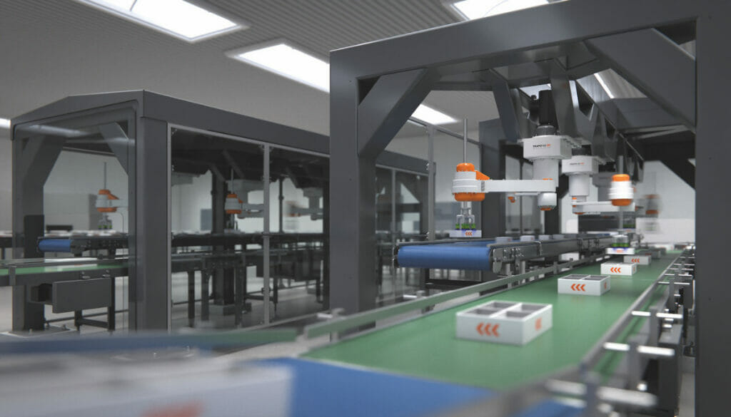 Bild von Maschinen in einer Produktionslinie. Darunter die Picker von Trapo.