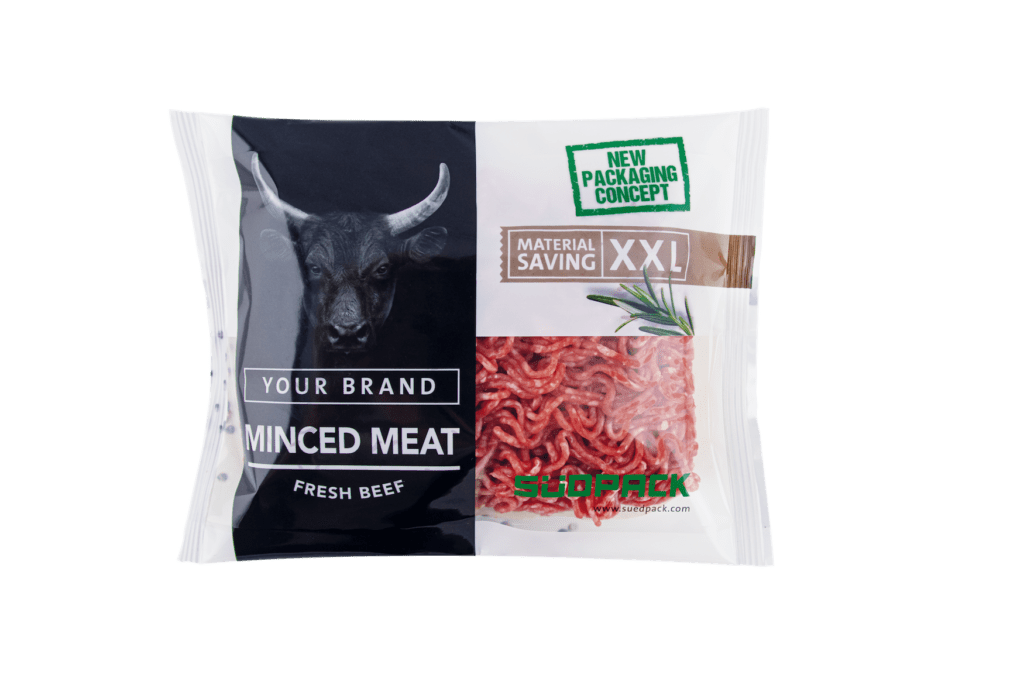 Picture of a flow pack packaging from Südpack with minced meat.